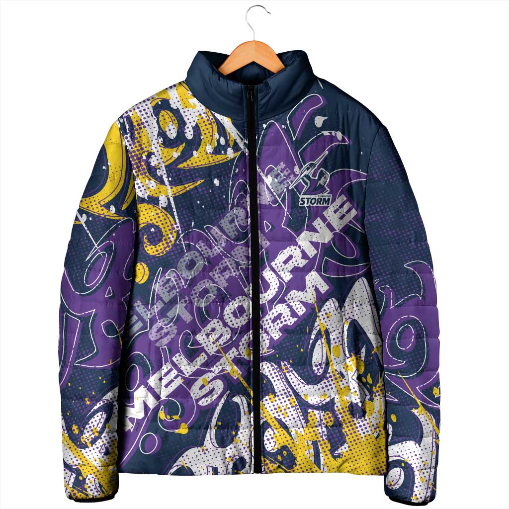 Personalized Melbourne Storm Rugby Padded Jacket Urban Street Graffiti Style - Distressed Splatter Elements