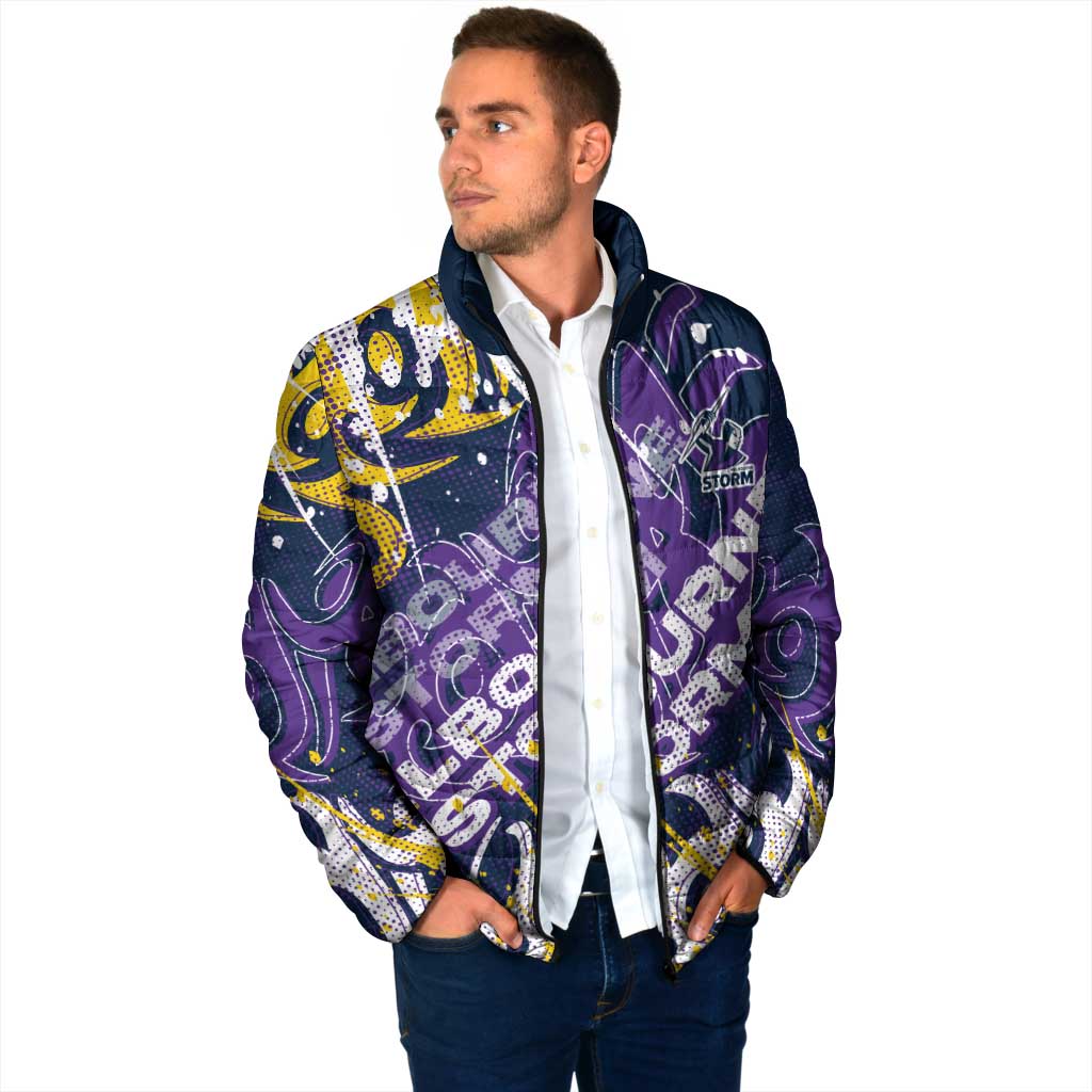 Personalized Melbourne Storm Rugby Padded Jacket Urban Street Graffiti Style - Distressed Splatter Elements