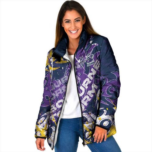 Personalized Melbourne Storm Rugby Padded Jacket Urban Street Graffiti Style - Distressed Splatter Elements