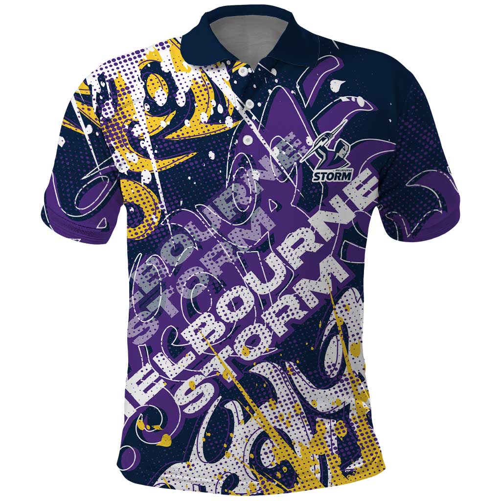 Personalized Melbourne Storm Rugby Polo Shirt Urban Street Graffiti Style - Distressed Splatter Elements