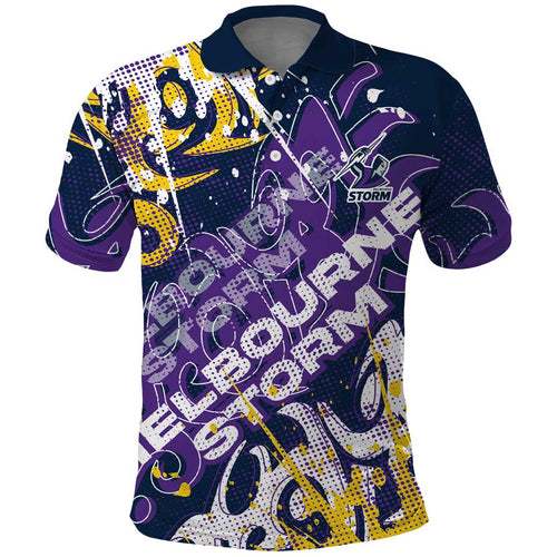 Personalized Melbourne Storm Rugby Polo Shirt Urban Street Graffiti Style - Distressed Splatter Elements