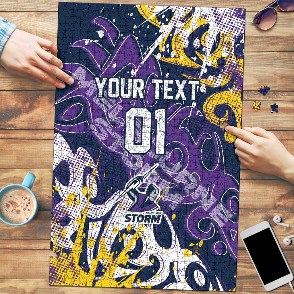 Personalized Melbourne Storm Rugby Puzzle Urban Street Graffiti Style - Distressed Splatter Elements