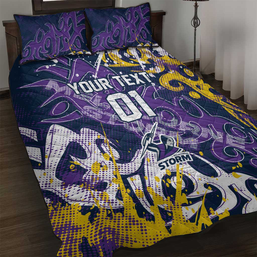 Personalized Melbourne Storm Rugby Quilt Bed Set Urban Street Graffiti Style - Distressed Splatter Elements