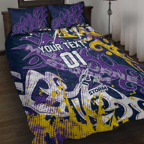 Personalized Melbourne Storm Rugby Quilt Bed Set Urban Street Graffiti Style - Distressed Splatter Elements