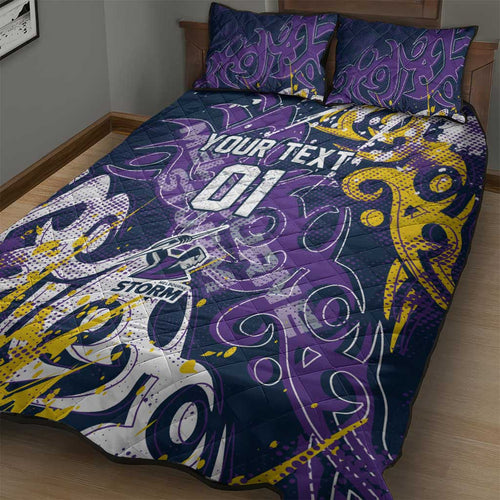 Personalized Melbourne Storm Rugby Quilt Bed Set Urban Street Graffiti Style - Distressed Splatter Elements