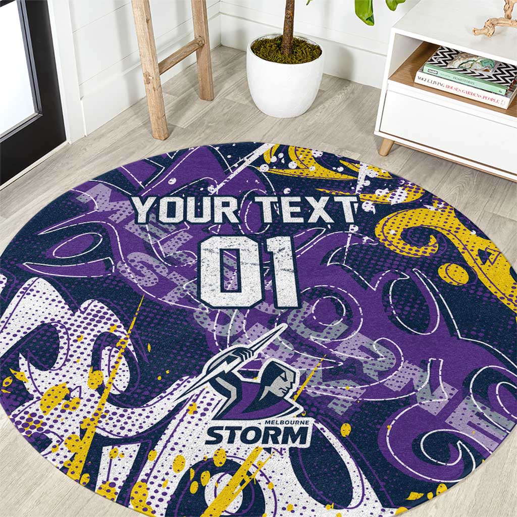 Personalized Melbourne Storm Rugby Round Carpet Urban Street Graffiti Style - Distressed Splatter Elements
