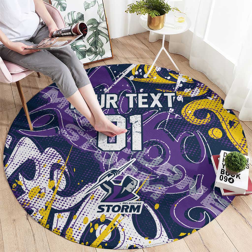 Personalized Melbourne Storm Rugby Round Carpet Urban Street Graffiti Style - Distressed Splatter Elements