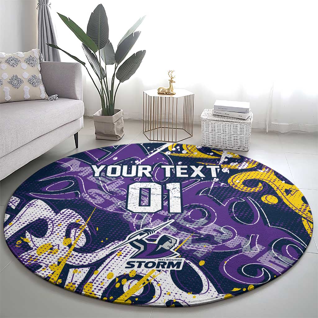 Personalized Melbourne Storm Rugby Round Carpet Urban Street Graffiti Style - Distressed Splatter Elements
