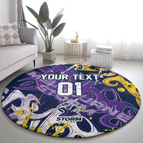 Personalized Melbourne Storm Rugby Round Carpet Urban Street Graffiti Style - Distressed Splatter Elements