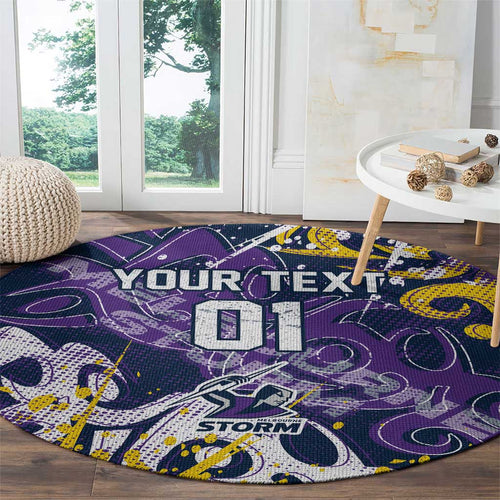 Personalized Melbourne Storm Rugby Round Carpet Urban Street Graffiti Style - Distressed Splatter Elements