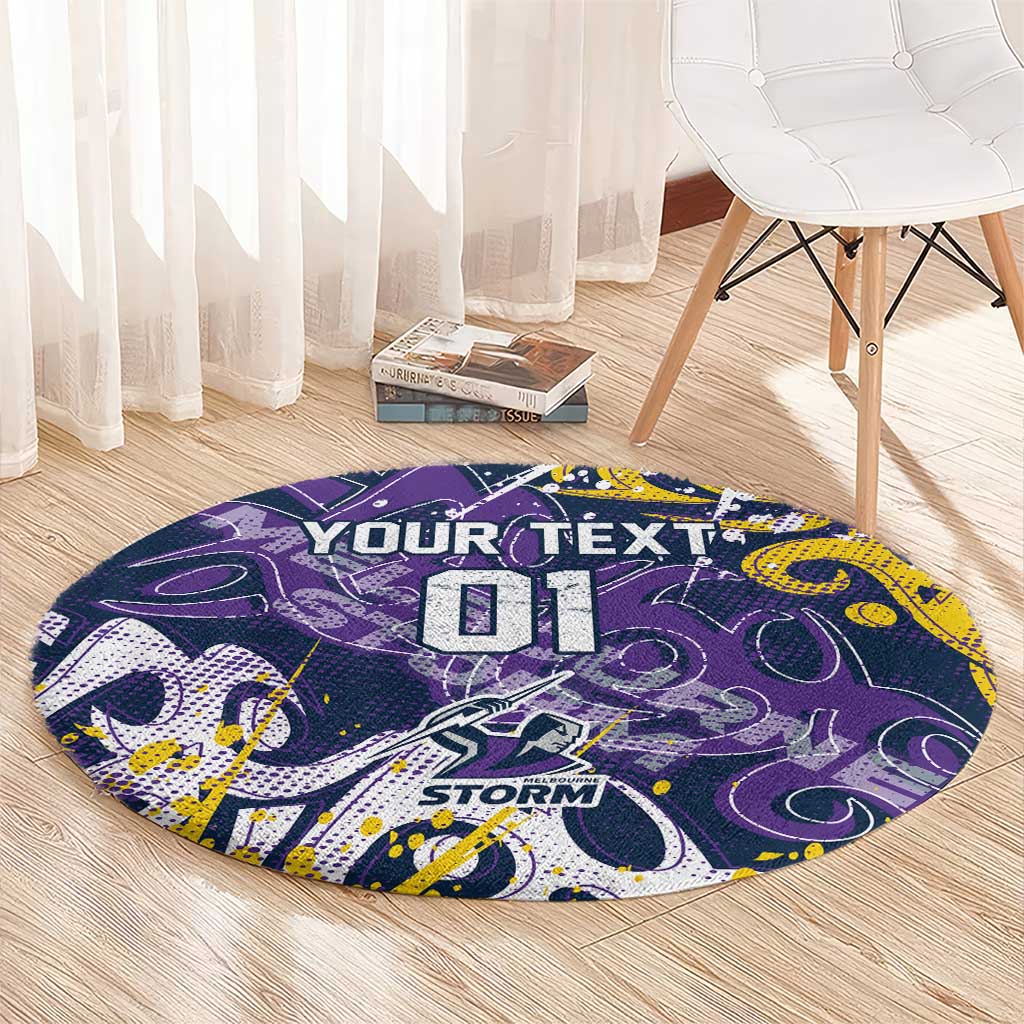 Personalized Melbourne Storm Rugby Round Carpet Urban Street Graffiti Style - Distressed Splatter Elements