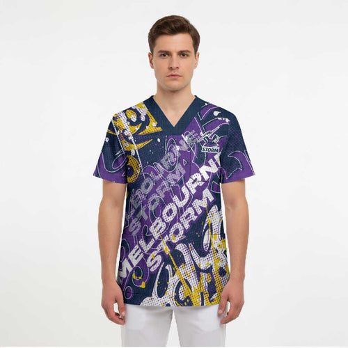 Personalized Melbourne Storm Rugby Scrub Top Urban Street Graffiti Style - Distressed Splatter Elements