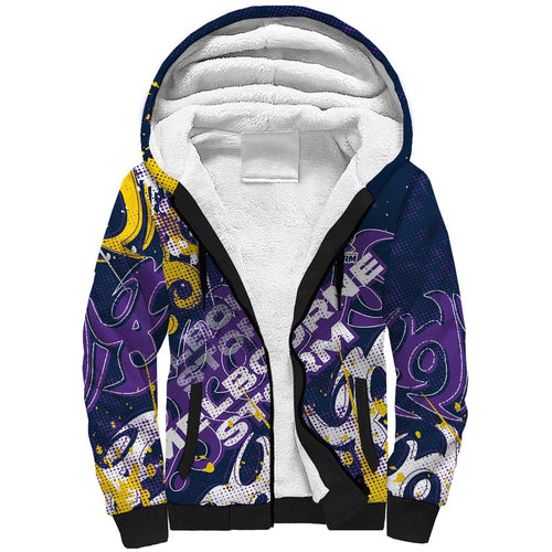 Personalized Melbourne Storm Rugby Sherpa Hoodie Urban Street Graffiti Style - Distressed Splatter Elements
