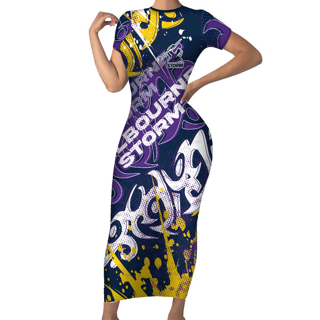 Personalized Melbourne Storm Rugby Short Sleeve Bodycon Dress Urban Street Graffiti Style - Distressed Splatter Elements