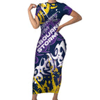 Personalized Melbourne Storm Rugby Short Sleeve Bodycon Dress Urban Street Graffiti Style - Distressed Splatter Elements