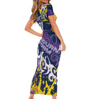 Personalized Melbourne Storm Rugby Short Sleeve Bodycon Dress Urban Street Graffiti Style - Distressed Splatter Elements