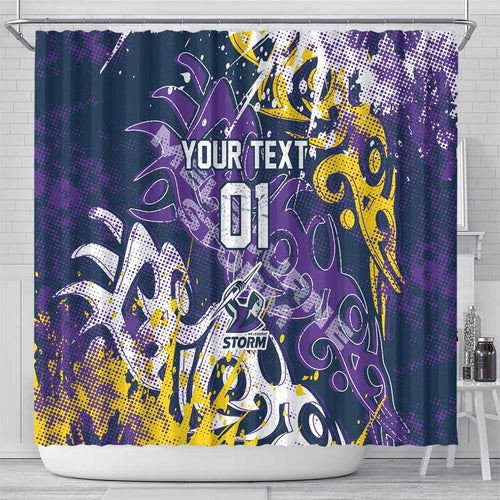 Personalized Melbourne Storm Rugby Shower Curtain Urban Street Graffiti Style - Distressed Splatter Elements