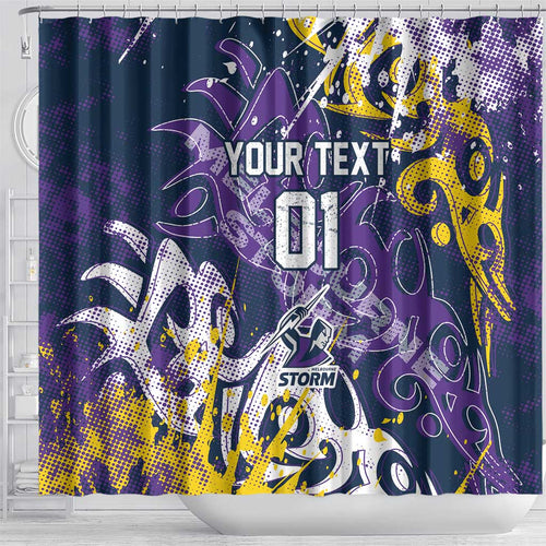 Personalized Melbourne Storm Rugby Shower Curtain Urban Street Graffiti Style - Distressed Splatter Elements