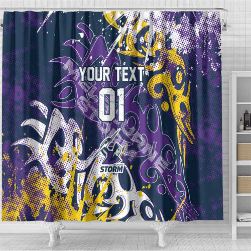 Personalized Melbourne Storm Rugby Shower Curtain Urban Street Graffiti Style - Distressed Splatter Elements