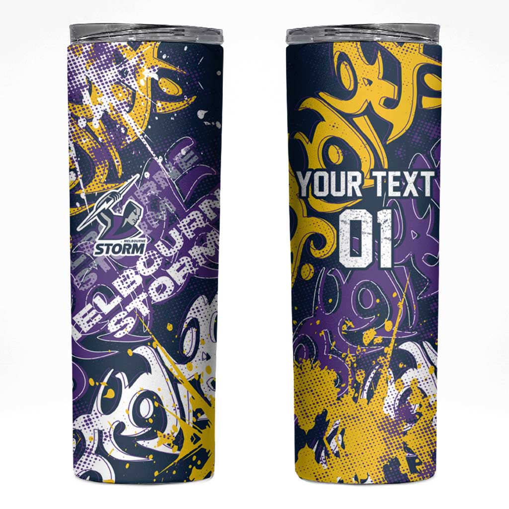 Personalized Melbourne Storm Rugby Skinny Tumbler Urban Street Graffiti Style - Distressed Splatter Elements