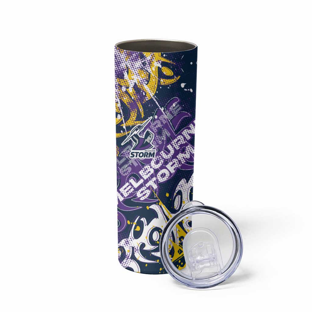 Personalized Melbourne Storm Rugby Skinny Tumbler Urban Street Graffiti Style - Distressed Splatter Elements