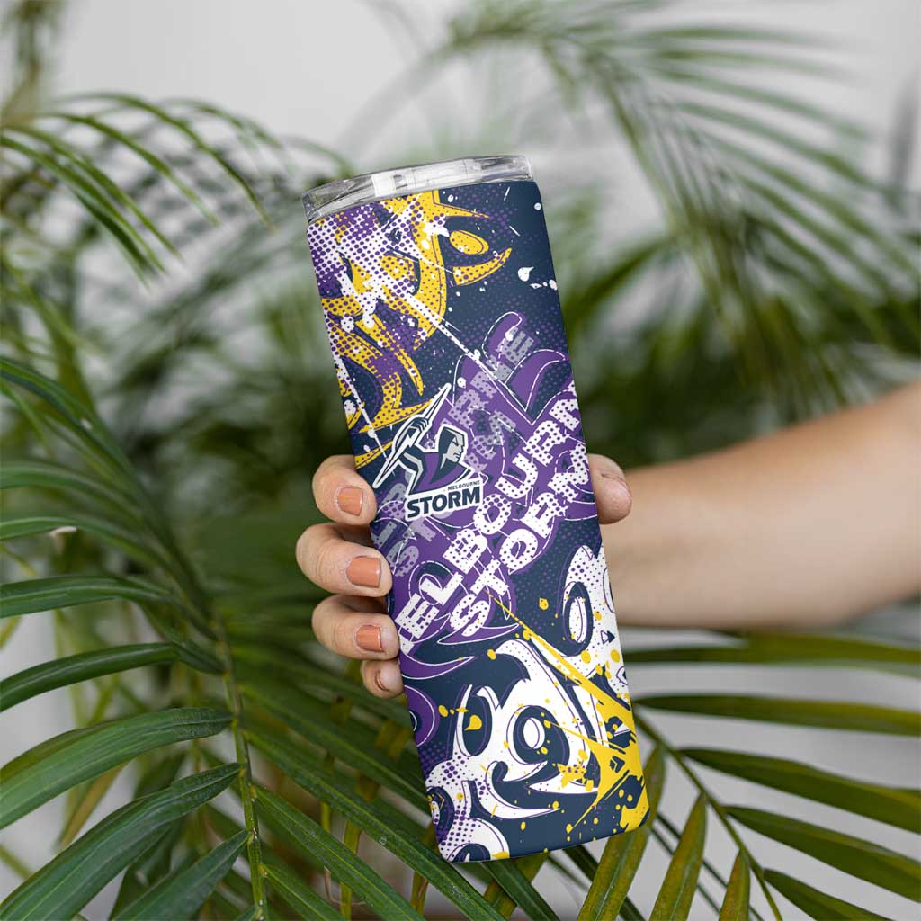 Personalized Melbourne Storm Rugby Skinny Tumbler Urban Street Graffiti Style - Distressed Splatter Elements