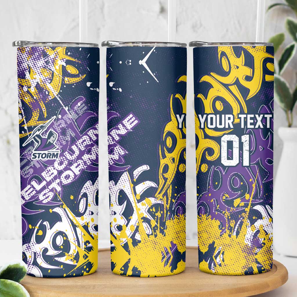 Personalized Melbourne Storm Rugby Skinny Tumbler Urban Street Graffiti Style - Distressed Splatter Elements