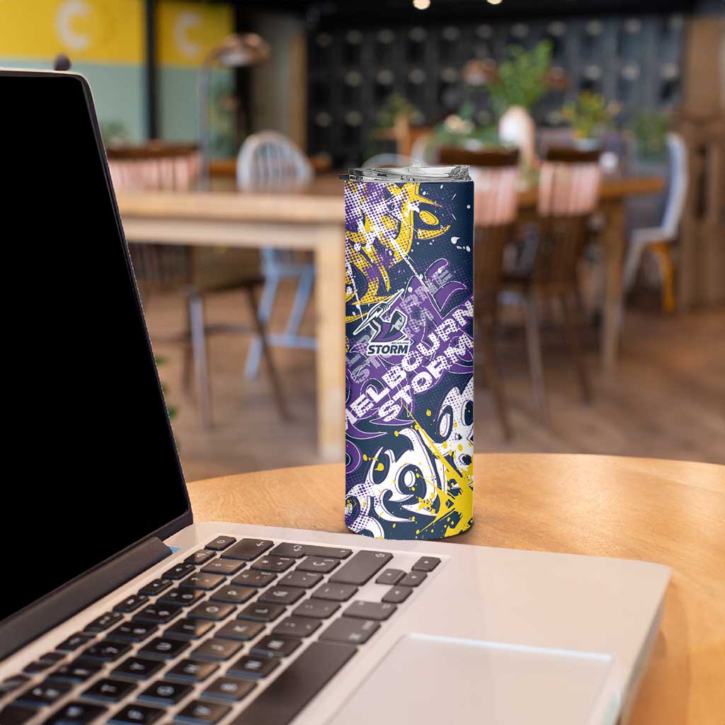 Personalized Melbourne Storm Rugby Skinny Tumbler Urban Street Graffiti Style - Distressed Splatter Elements