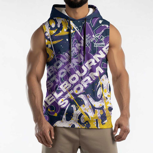 Personalized Melbourne Storm Rugby Sleeveless Hoodie Urban Street Graffiti Style - Distressed Splatter Elements