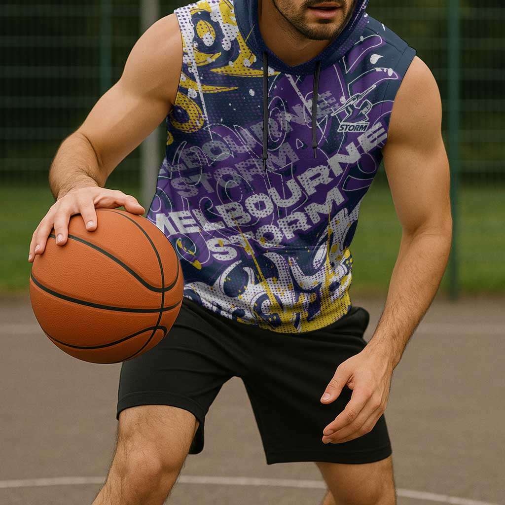 Personalized Melbourne Storm Rugby Sleeveless Hoodie Urban Street Graffiti Style - Distressed Splatter Elements