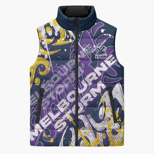 Personalized Melbourne Storm Rugby Sleeveless Puffer Jacket Urban Street Graffiti Style - Distressed Splatter Elements