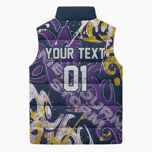 Personalized Melbourne Storm Rugby Sleeveless Puffer Jacket Urban Street Graffiti Style - Distressed Splatter Elements