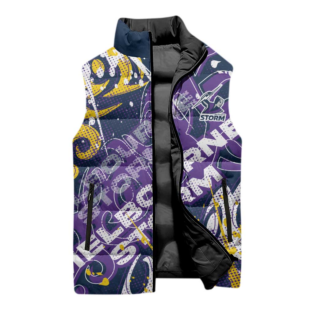 Personalized Melbourne Storm Rugby Sleeveless Puffer Jacket Urban Street Graffiti Style - Distressed Splatter Elements