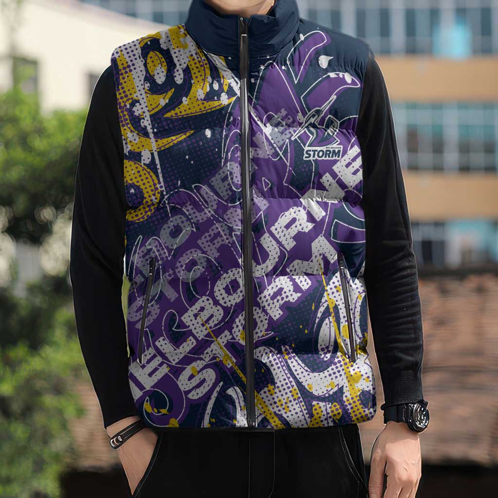 Personalized Melbourne Storm Rugby Sleeveless Puffer Jacket Urban Street Graffiti Style - Distressed Splatter Elements