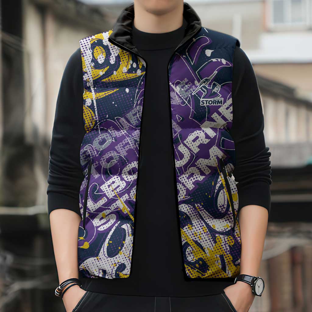 Personalized Melbourne Storm Rugby Sleeveless Puffer Jacket Urban Street Graffiti Style - Distressed Splatter Elements