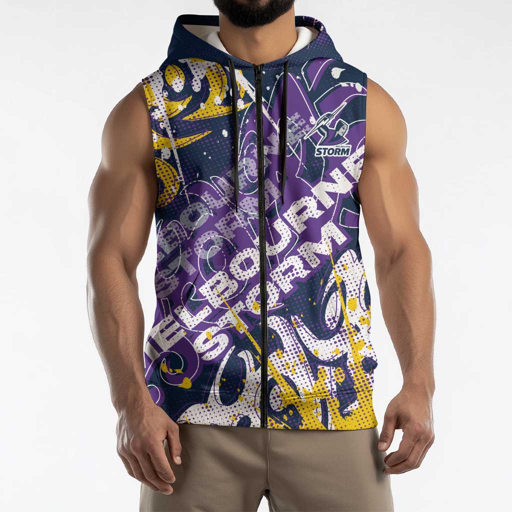 Personalized Melbourne Storm Rugby Sleeveless Zip Hoodie Urban Street Graffiti Style - Distressed Splatter Elements