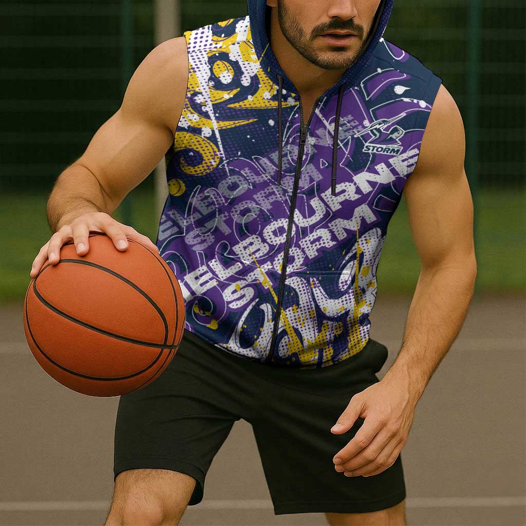 Personalized Melbourne Storm Rugby Sleeveless Zip Hoodie Urban Street Graffiti Style - Distressed Splatter Elements