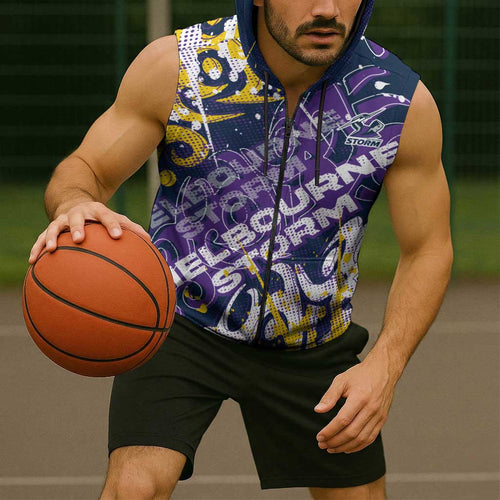 Personalized Melbourne Storm Rugby Sleeveless Zip Hoodie Urban Street Graffiti Style - Distressed Splatter Elements