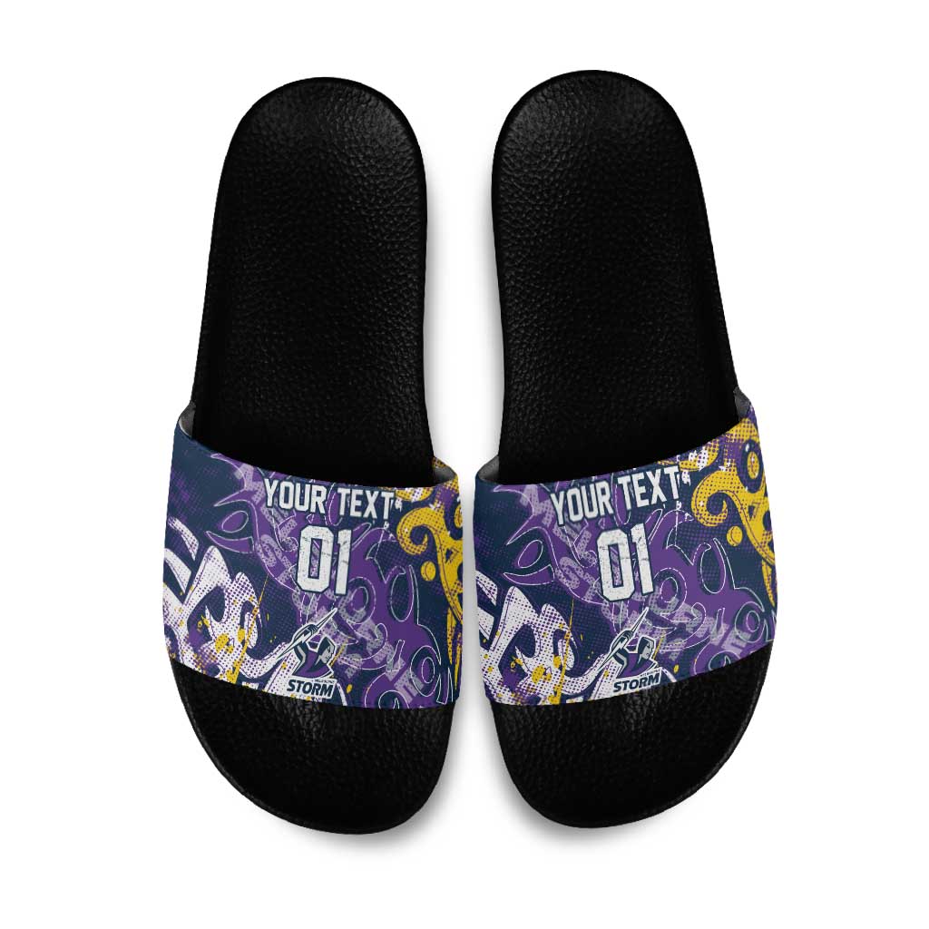 Personalized Melbourne Storm Rugby Slide Sandals Urban Street Graffiti Style - Distressed Splatter Elements
