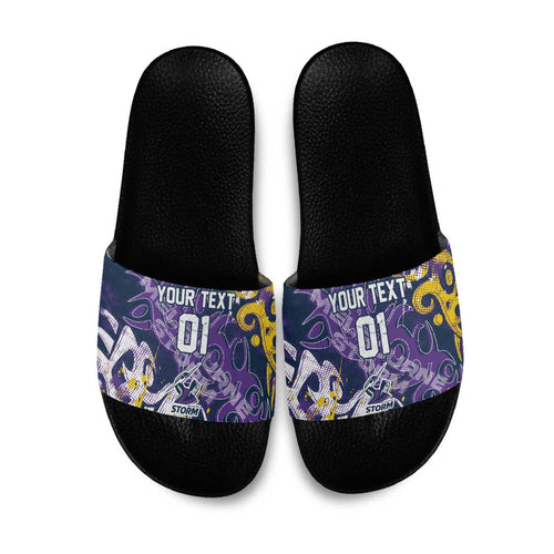 Personalized Melbourne Storm Rugby Slide Sandals Urban Street Graffiti Style - Distressed Splatter Elements