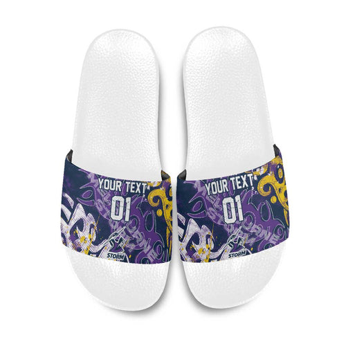 Personalized Melbourne Storm Rugby Slide Sandals Urban Street Graffiti Style - Distressed Splatter Elements