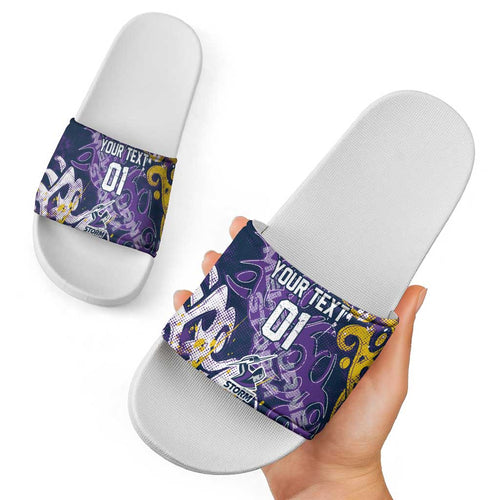 Personalized Melbourne Storm Rugby Slide Sandals Urban Street Graffiti Style - Distressed Splatter Elements