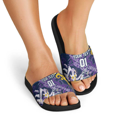 Personalized Melbourne Storm Rugby Slide Sandals Urban Street Graffiti Style - Distressed Splatter Elements
