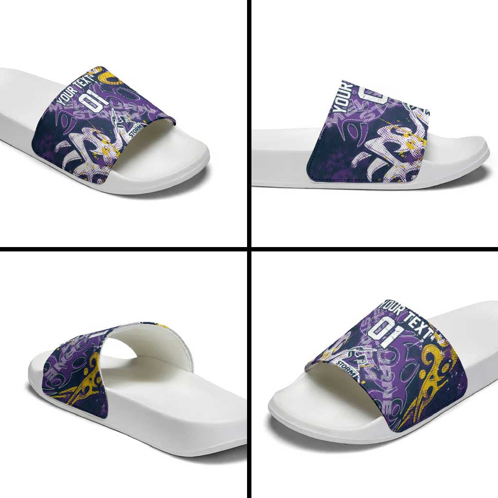 Personalized Melbourne Storm Rugby Slide Sandals Urban Street Graffiti Style - Distressed Splatter Elements