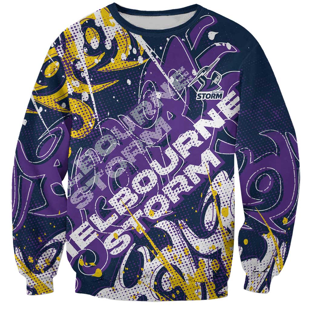 Personalized Melbourne Storm Rugby Sweatshirt Urban Street Graffiti Style - Distressed Splatter Elements