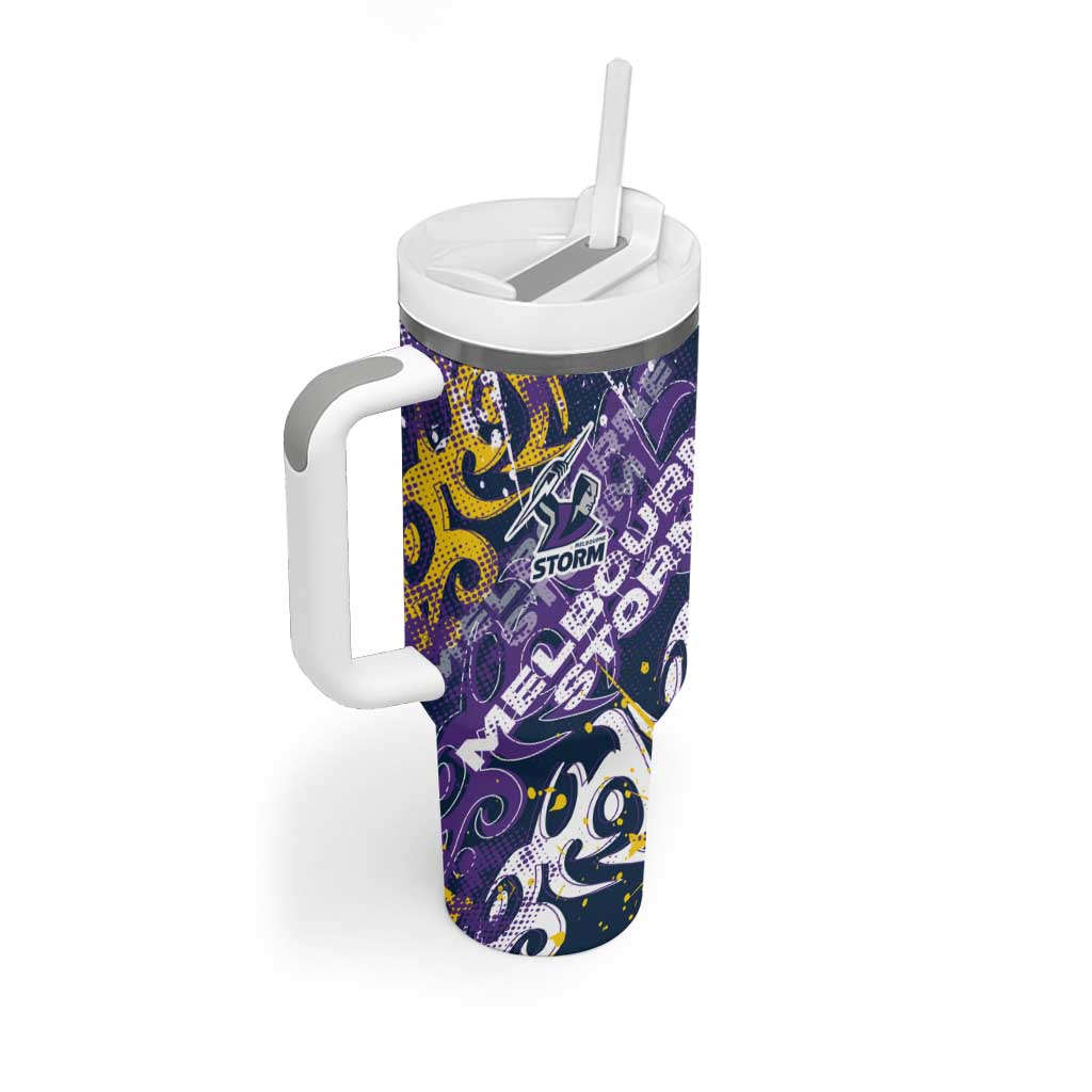 Personalized Melbourne Storm Rugby Tumbler With Handle Urban Street Graffiti Style - Distressed Splatter Elements