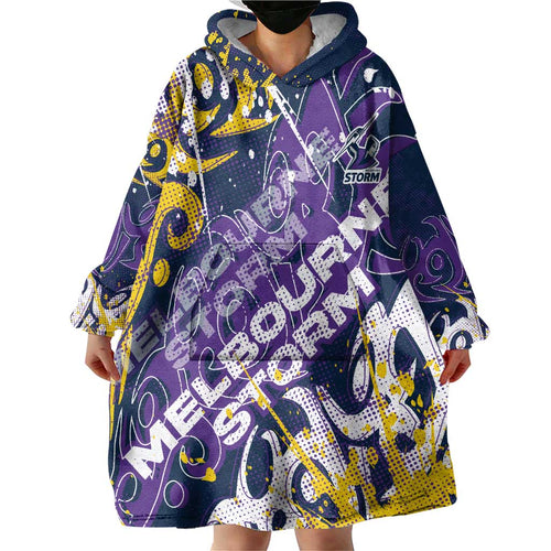 Personalized Melbourne Storm Rugby Wearable Blanket Hoodie Urban Street Graffiti Style - Distressed Splatter Elements