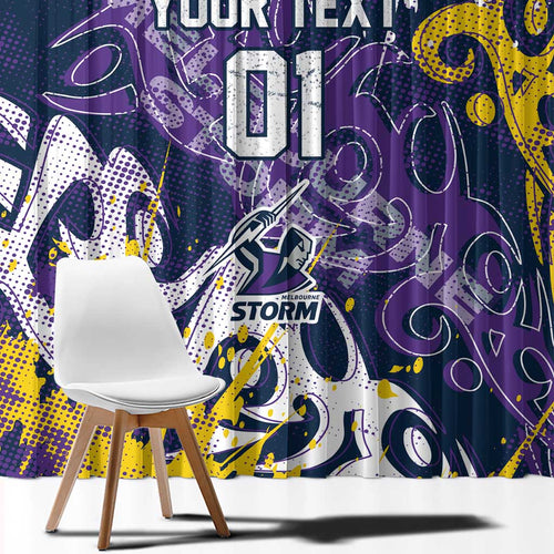 Personalized Melbourne Storm Rugby Window Curtain Urban Street Graffiti Style - Distressed Splatter Elements