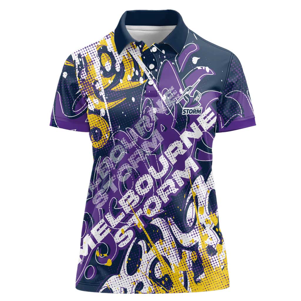 Personalized Melbourne Storm Rugby Women Polo Shirt Urban Street Graffiti Style - Distressed Splatter Elements
