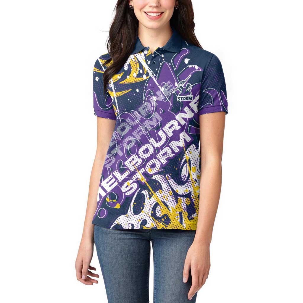 Personalized Melbourne Storm Rugby Women Polo Shirt Urban Street Graffiti Style - Distressed Splatter Elements